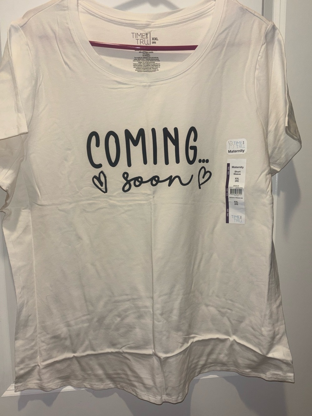 Time and Tru White 'Coming Soon' Maternity Short Sleeve Tee
